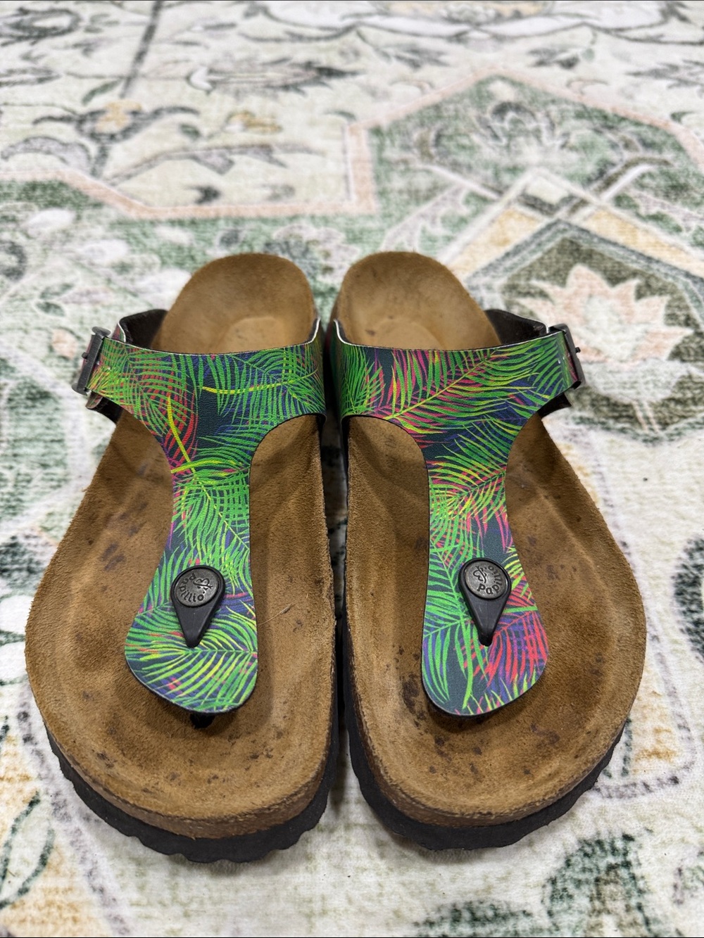 Papillio Tropical Leaf T-Strap Sandals in Green and Pink